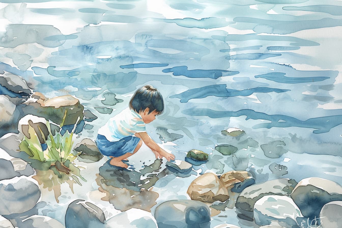 abstract watercolor illustration of a toddler with black hair playing by the lake, picking up rocks and stones from the shore