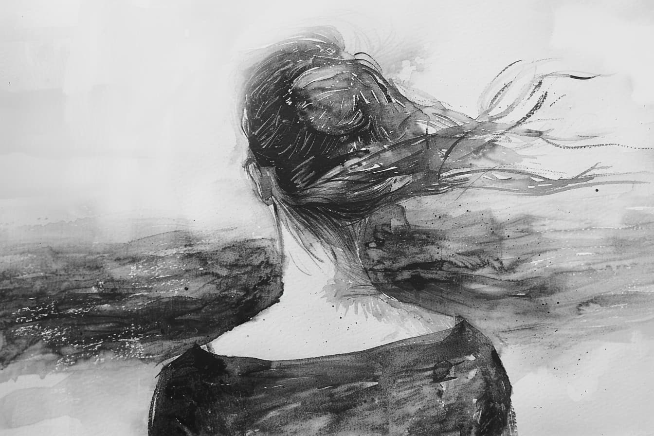 black and white abstract watercolor illustration of the back of a woman with her hair covering face