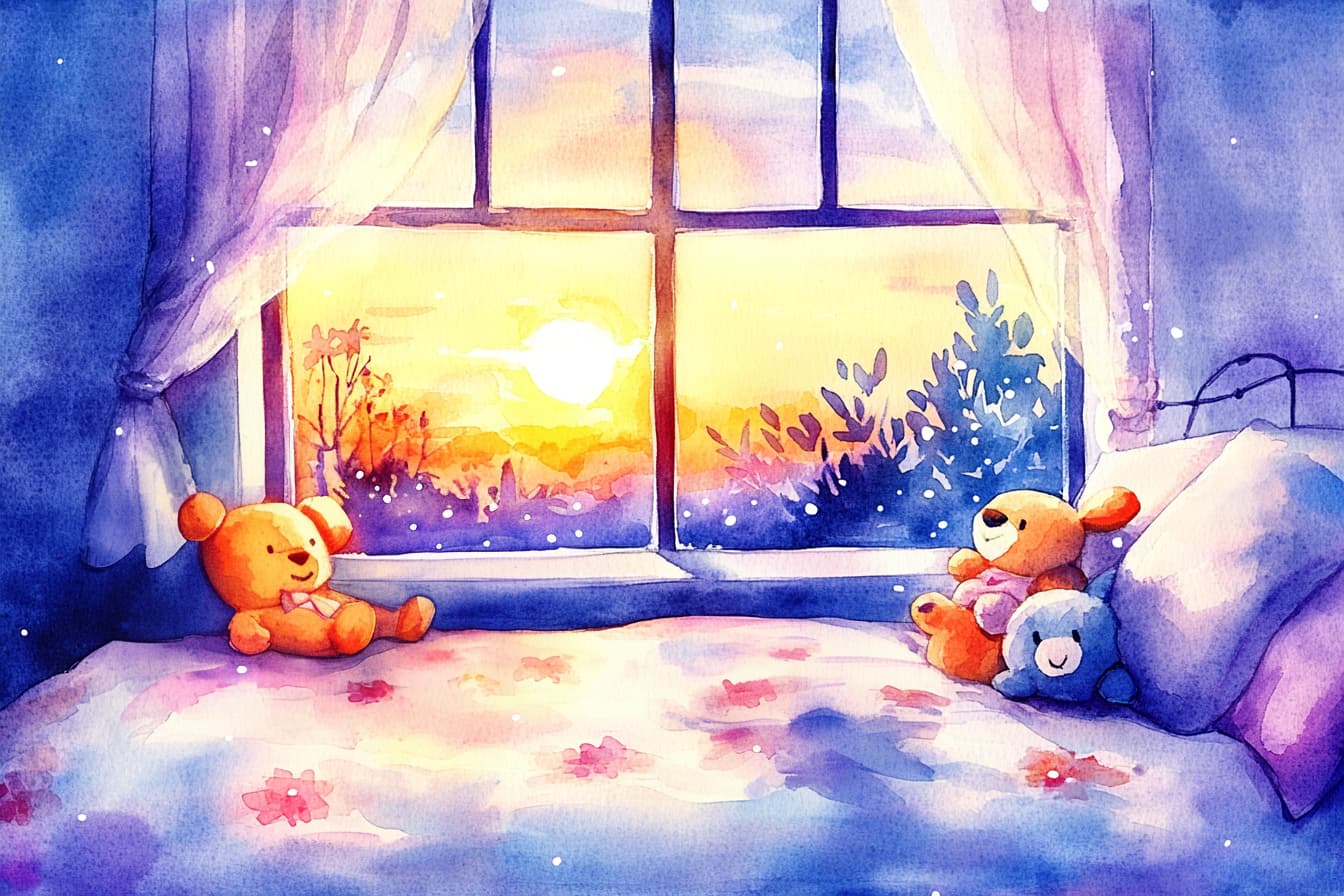 abstract watercolor illustration of a child's room at bedtime with stuffed bears on the bed and sunset outside the window