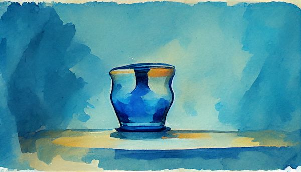 watercolor of a small empty vase on a table with a blue background