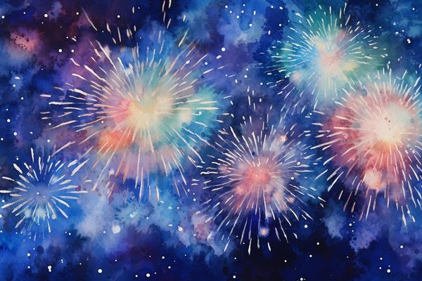 abstract watercolor illustration of fireworks at night