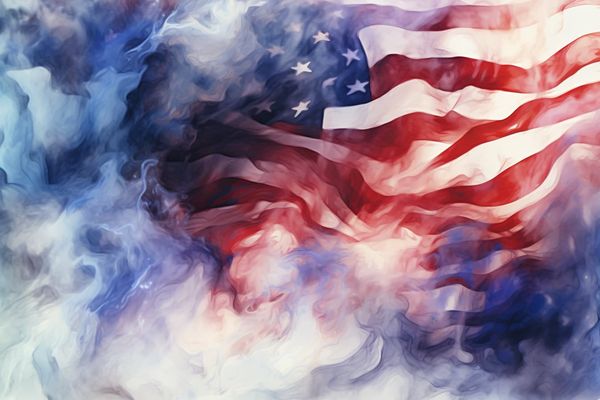 An American flag, surrounded by smoke