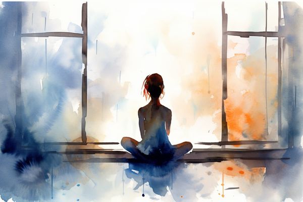 an abstract watercolor illustration of a silhouette of a sad woman in yoga clothes sitting in front of a window