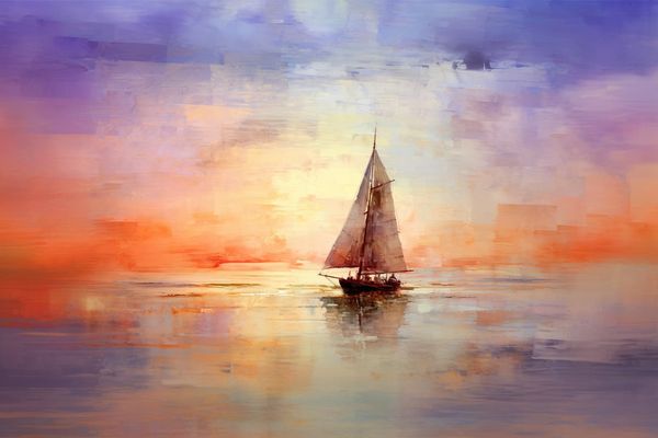 abstract watercolor illustration of a sailboat on a calm lake at dusk