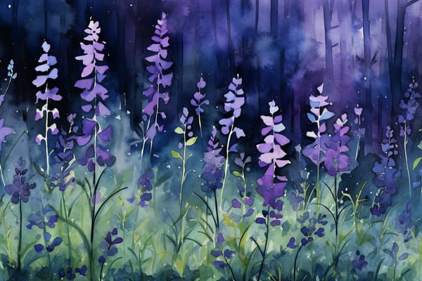 abstract watercolor illustration of a patch of vibrant purple flowers on the ground surrounded by dark green leaves