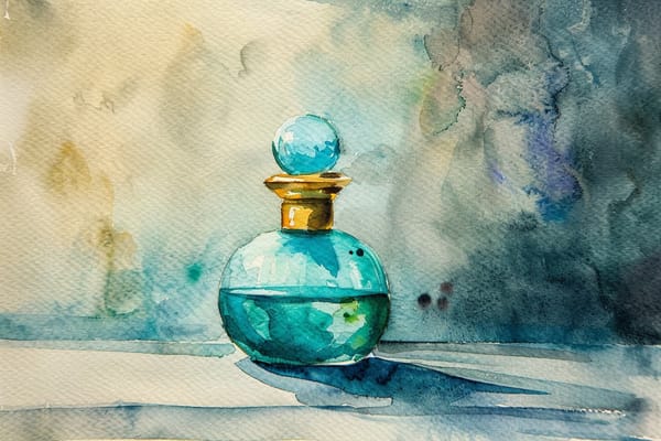 Abstract watercolor illustration of a blue antique perfume bottle