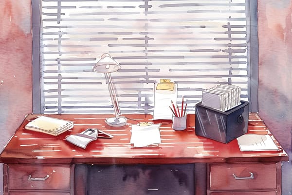abstract watercolor illustration of an empty desk in the corner of a home office, filled with light yet still somber