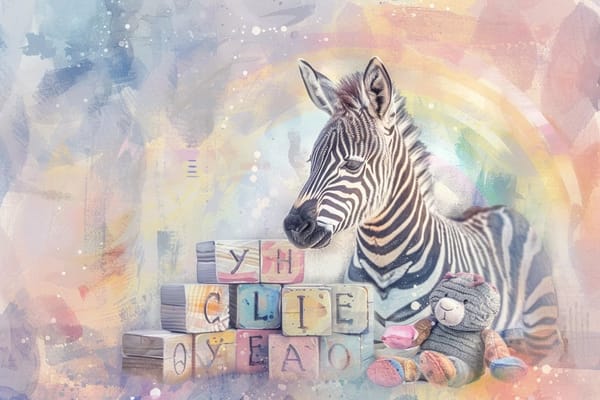 abstract watercolor illustration childhood wood letter blocks, stuffed toy zebra, rainbow in the background