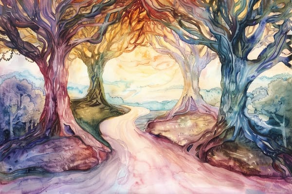 watercolor illustration of a path leading through a forest