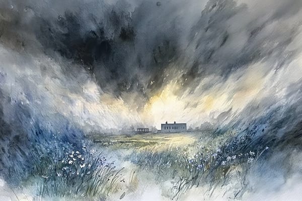 abstract watercolor illustration of a school building in a field surrounded by a storm