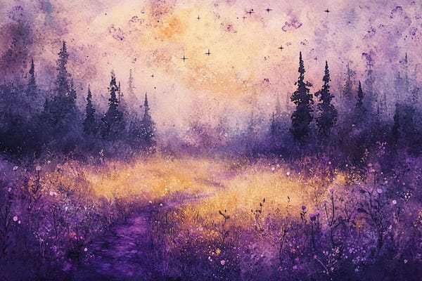 An abstract watercolor illustration of a dark and somber forest with purple hues. In the middle of a clearing is a bright l