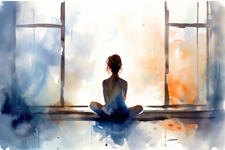 an abstract watercolor illustration of a silhouette of a sad woman in yoga clothes sitting in front of a window