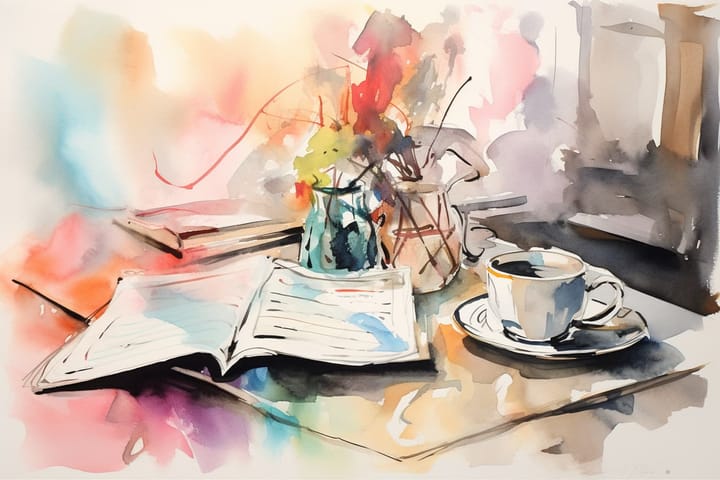 abstract watercolor illustration of a pocketbook on a table