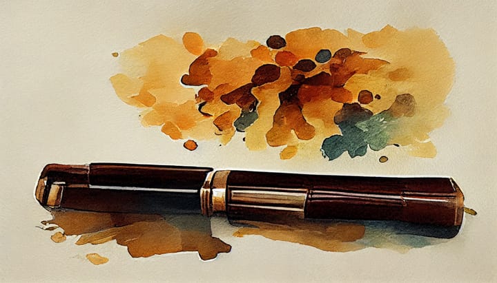 watercolor of a fountain pen on a brown desk