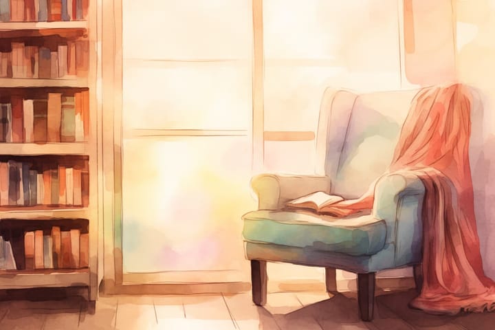 abstract watercolor illustration of a cozy corner of a room with an overstuffed reading chair and bookshelves