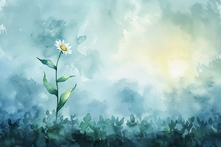 abstract watercolor illustration of a lone daisy growing in a field, early morning sun