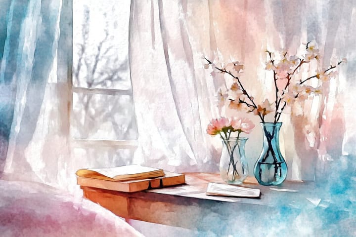 Abstract watercolor illustration of a bedside table with a few books and vases of flowers