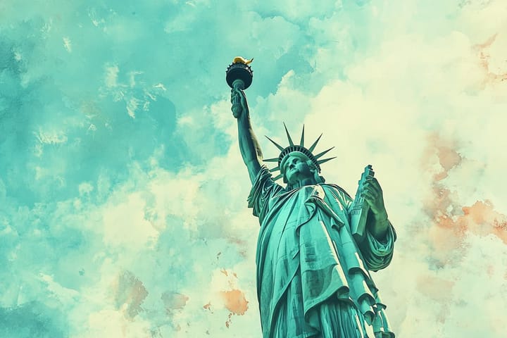 watercolor illustration of the Statue of Liberty, taken from a low angle. 