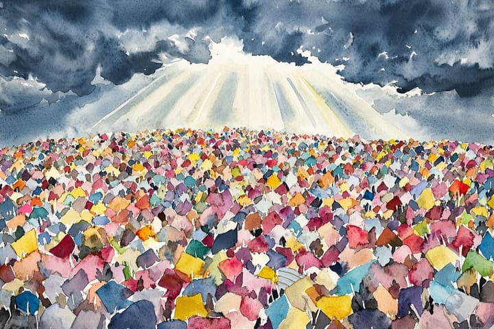 an abstract watercolor illustration of a large, colorful crowd below dark clouds. 