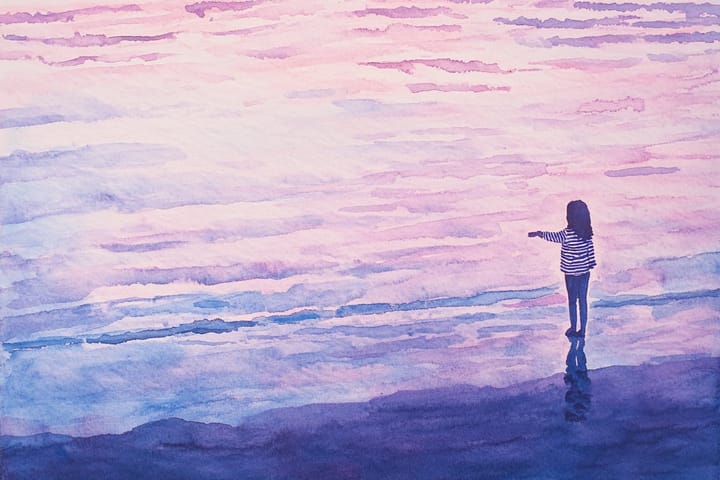 abstract watercolor illustration of a child standing at the edge of water