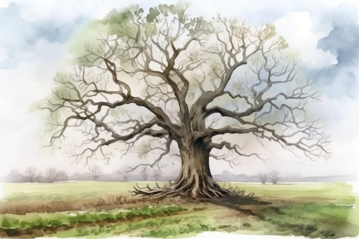 An old oak tree in early spring with no leaves on the branches, watercolor art