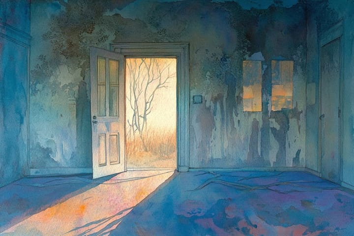 watercolor illustration of an open door leading to a sunlit landscape