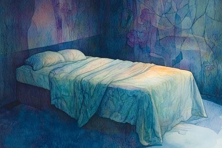 watercolor illustration of a bed in a dimly lit room