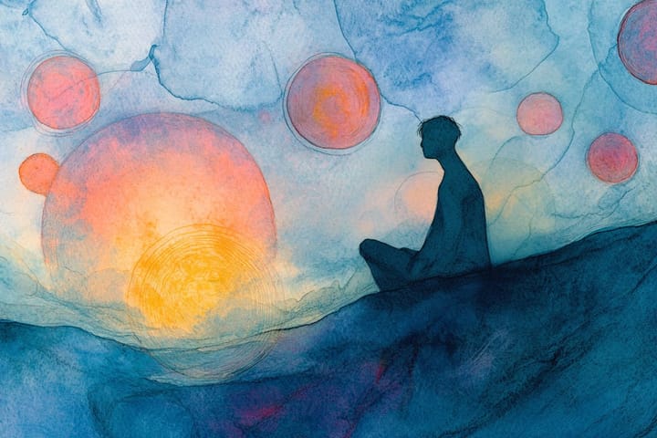 watercolor illustration of a person sitting in a surreal landscape with floating circles