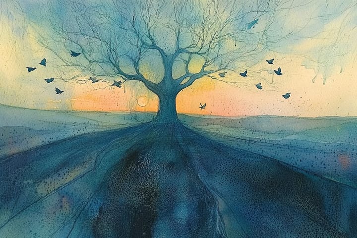 watercolor illustration of a tree with birds flying away at sunset