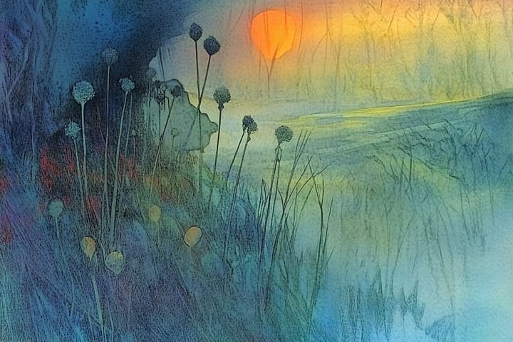 watercolor illustration of a field of tall grasses at sunset