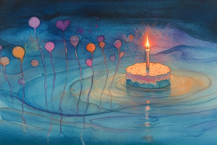 watercolor illustration of a birthday cake with candle on water