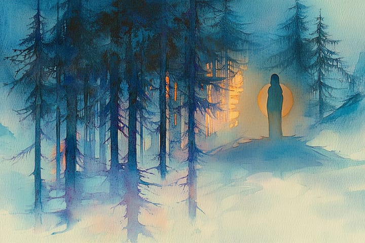 watercolor illustration of a lone figure stands silhouetted against a sunset in a forest