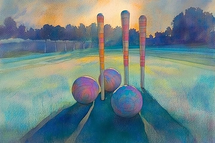 watercolor illustration of croquet equipment on grass