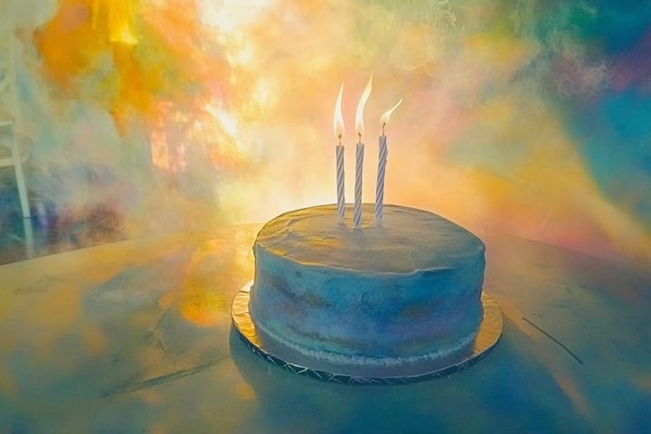 illustration of a tiered birthday cake with three candles