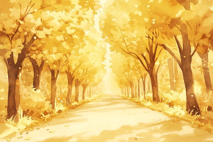 a golden watercolor illustration of a path through the woods in autumn