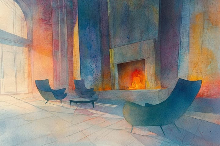 watercolor illustration of a modern lounge area with a warm fireplace