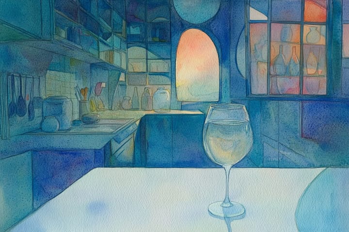 watercolor illustration of a cozy kitchen at dusk with a glass on the table