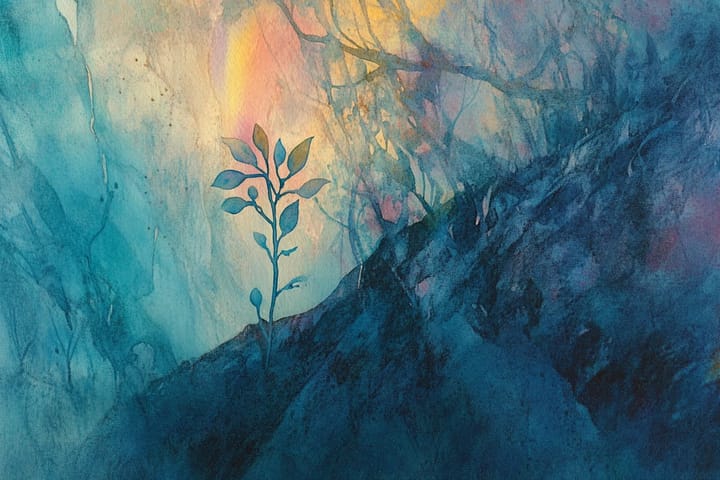 watercolor illustration of a plant sprouting on a hillside