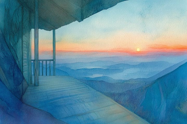 watercolor illustration of a mountain view from a porch at sunset