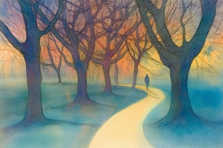 water illustration of someone walking along a path lined with bare trees at dusk