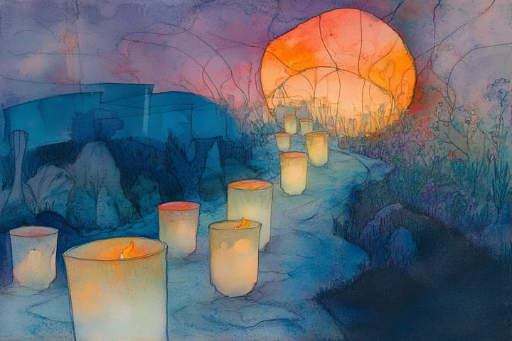 watercolor of a candlelit path leading to a glowing sunset