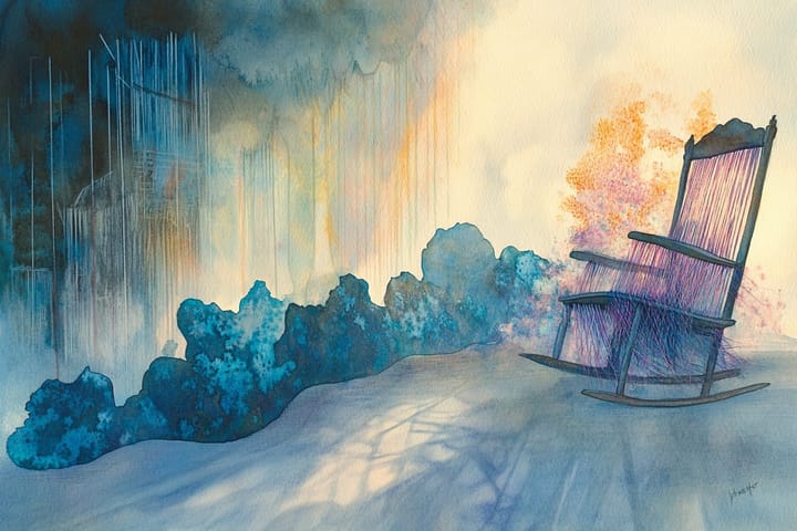 watercolor of a rocking chair in an ethereal landscape