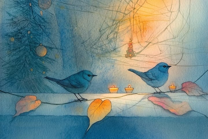 watercolor illustration of two blue birds with candles on a branch