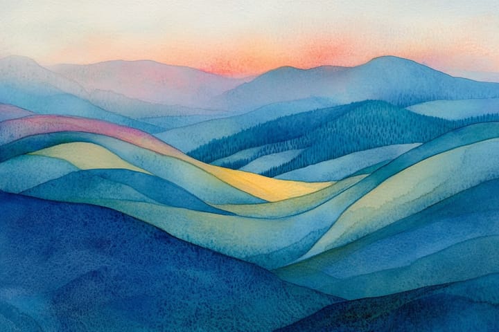 Watercolor illustration of an ethereal landscape of hills in the distance