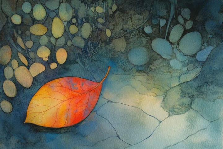 watercolor of a vibrant red leaf rests on a bed of colorful stones