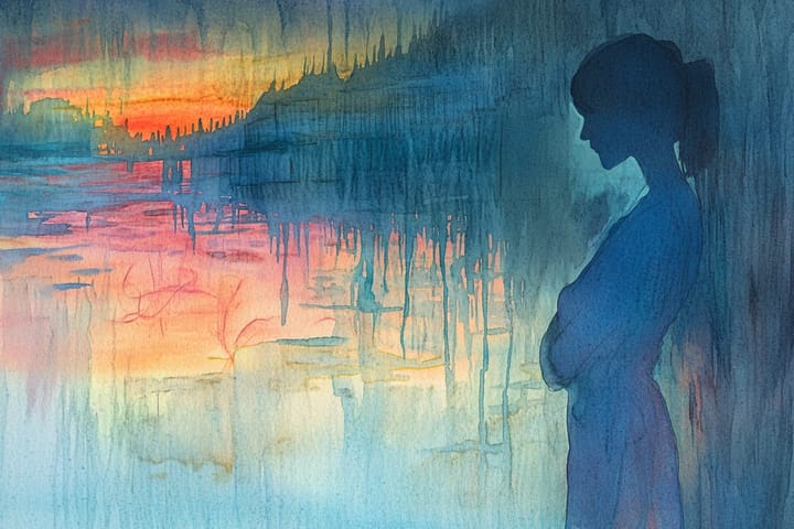 watercolor of a woman silhouette by a lake at sunset