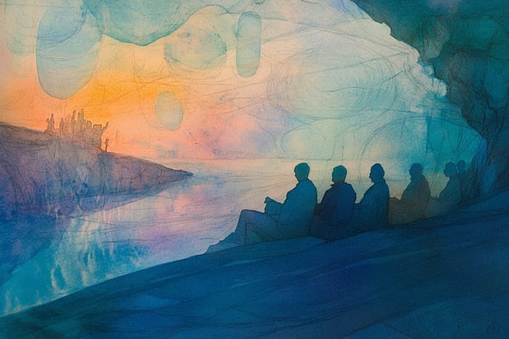 watercolor of silhouettes of people sitting in a cave, watching a sunset