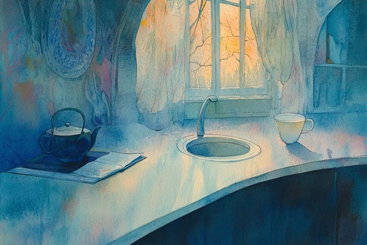 watercolor of a cozy kitchen scene with a teapot, open book, and window.