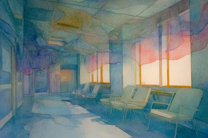 watercolor illustration of an empty hospital waiting room