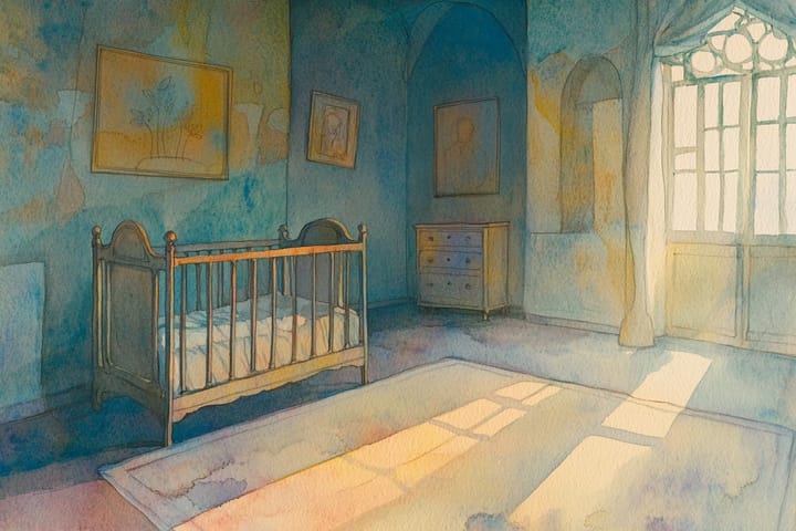 watercolor illustration of a nursery with a crib and dresser bathed in sunlight